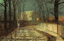 John Atkinson Grimshaw – A moonlit street, 1874: Herbstliche Straße im Mondlicht mit einsamer Gestalt und beleuchtetem viktorianischem Haus.