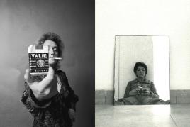 VALIE EXPORT, VALIE EXPORT - SMART EXPORT - Selbstporträt, 1970. Black and white photograph. 69.5 × 61 cm (27.36 × 24,02 in). © VALIE EXPORT / SIAE 2025 * Ketty La Rocca, Autoritratto, 1975. Photograph. 24 × 18 cm (9.45 × 7.09 in). © Archivio Ketty La Rocca | Michelangelo Vasta.