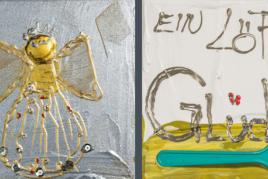 dieHolasek, „Frohes Fest“, 2025, Acryl auf Leinwand & „Ein Löffel Glück“, 2025, Acryl auf Leinwand, 10 x 10 cm