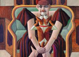 Wolfgang Herzig, Love – Frau mit geschlossenen Augen, die einen Hund liebevoll auf ihrem Schoß umarmt. Expressive figurative Malerei, Mischtechnik auf Papier, 136 × 137 cm. © Foto: Daniil Zhiltsov