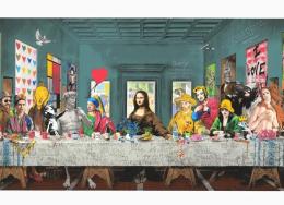 ein Kunstwerk von Mr. Brainwash das das Abendmahl nachstellt mit Ikonen der Pop Art wie Marilyn, Keith Haring und Banksy.