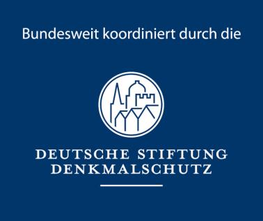 Logo der Deutschen Stiftung Denkmalschutz mit dem Hinweis „Bundesweit koordiniert“ auf blauem Hintergrund
