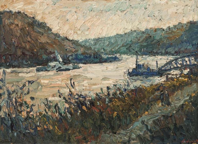 Hans Andreas – Wachau, Anlegestelle bei Spitz an der Donau, expressiv gemalte Flusslandschaft mit Brücke und Ufervegetation