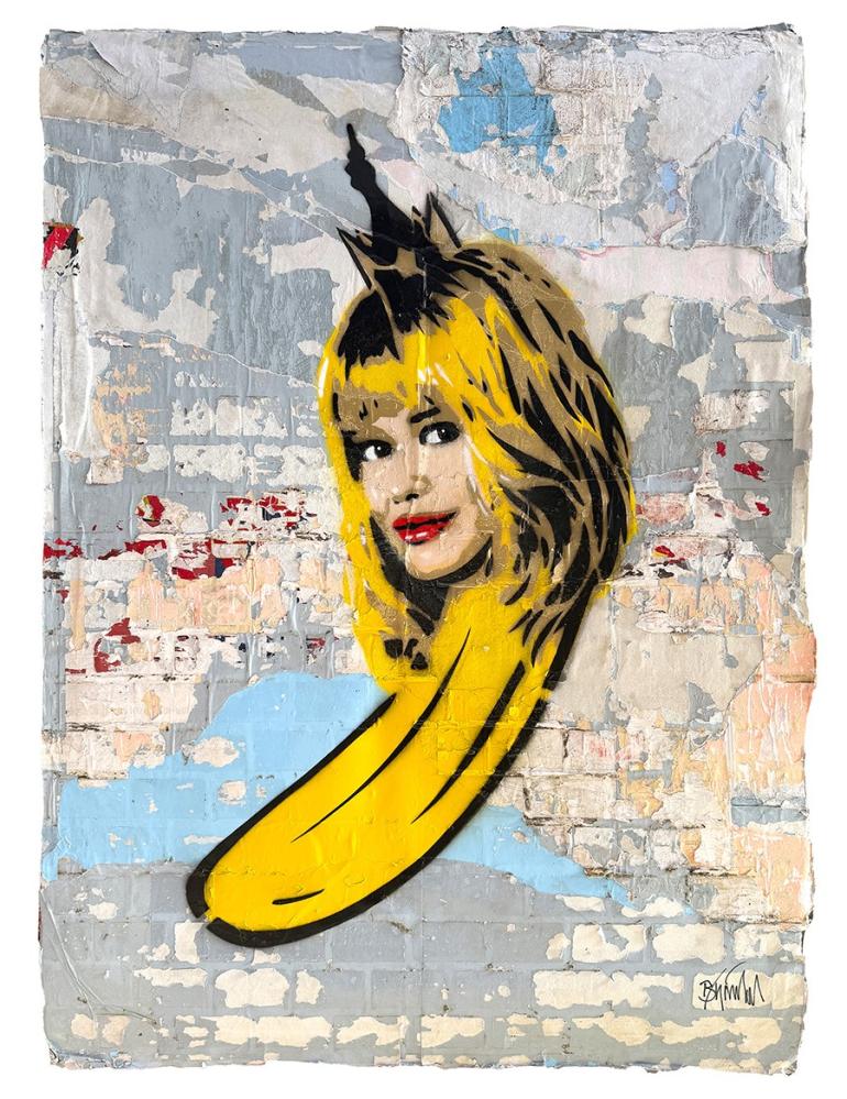 Thomas Baumgärtel Claudia Schiffer Banane 2026 Spraylack Plakatwand Bananensprayer Kunstwerk, 165 x 120 cm, WVZ-Nr. 3102