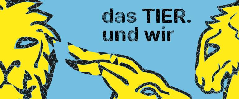 Ausstellungsgrafik „das TIER. und wir“ im Stift Millstatt 2026 mit stilisierten Tiermotiven und typografischem Titel der Ausstellung.