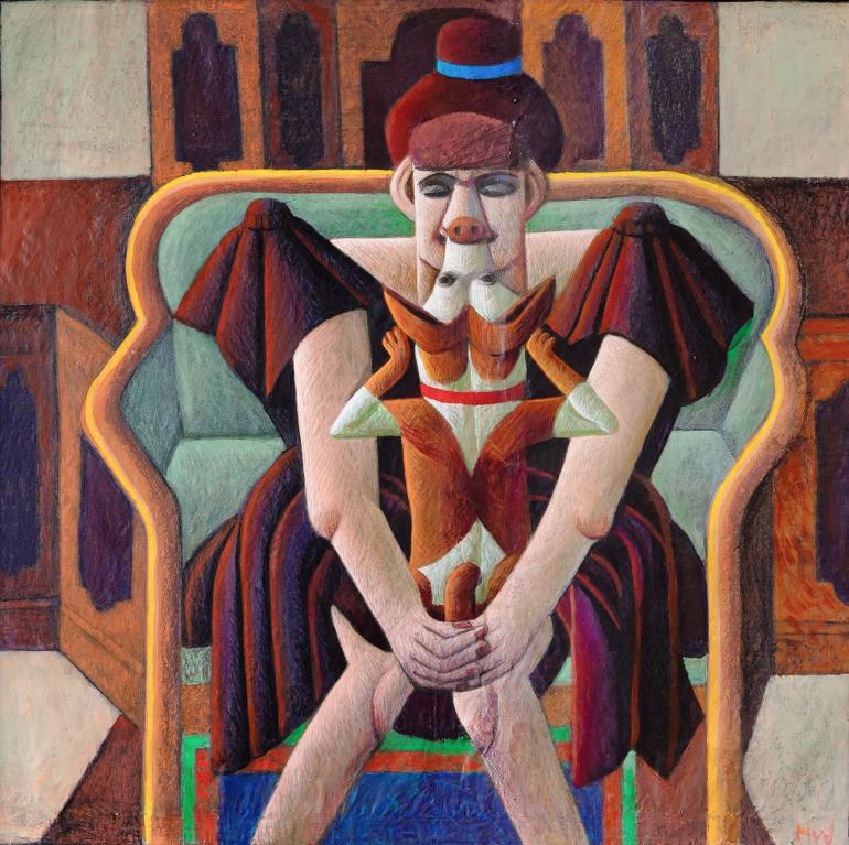 Wolfgang Herzig, Love – Frau mit geschlossenen Augen, die einen Hund liebevoll auf ihrem Schoß umarmt. Expressive figurative Malerei, Mischtechnik auf Papier, 136 × 137 cm. © Foto: Daniil Zhiltsov