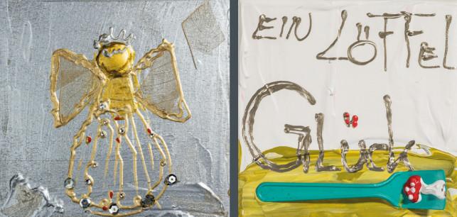 dieHolasek, „Frohes Fest“, 2025, Acryl auf Leinwand & „Ein Löffel Glück“, 2025, Acryl auf Leinwand, 10 x 10 cm