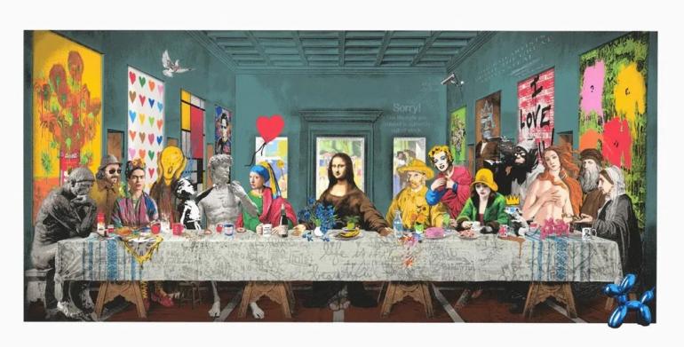 ein Kunstwerk von Mr. Brainwash das das Abendmahl nachstellt mit Ikonen der Pop Art wie Marilyn, Keith Haring und Banksy.